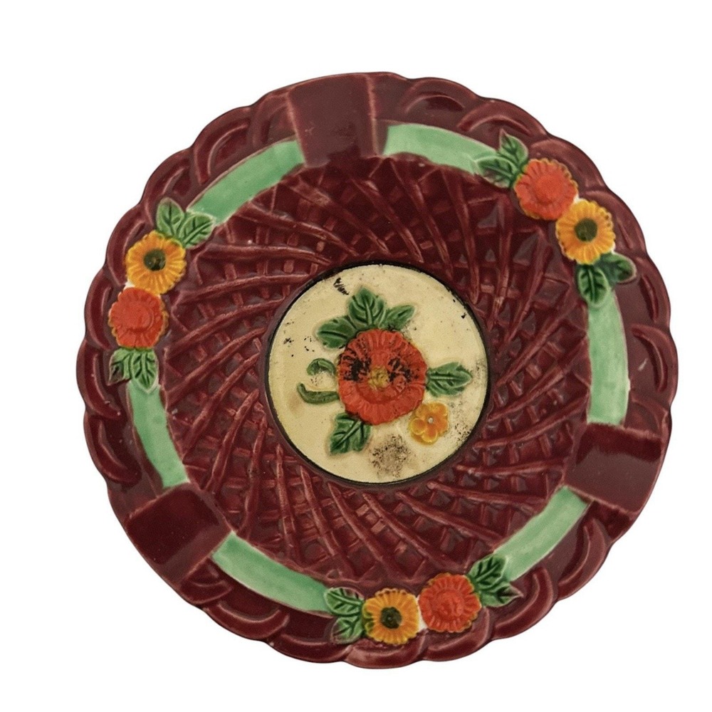 Marutomoware Maroon Basket Weave Floral Ashtray Trinket Dish 1940's HTF 4.5"